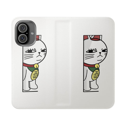 Anime-themed flip cover phone case featuring a turbo grandma cat character from the Dandadan series