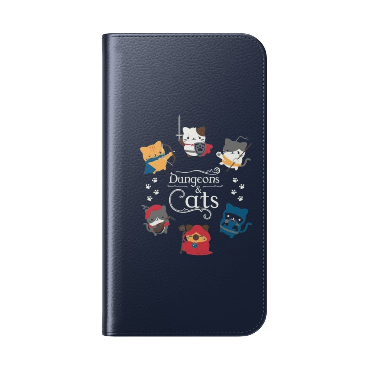 Flip phone case featuring a cute, kawaii cat in a fantasy dungeon setting - Folded Back