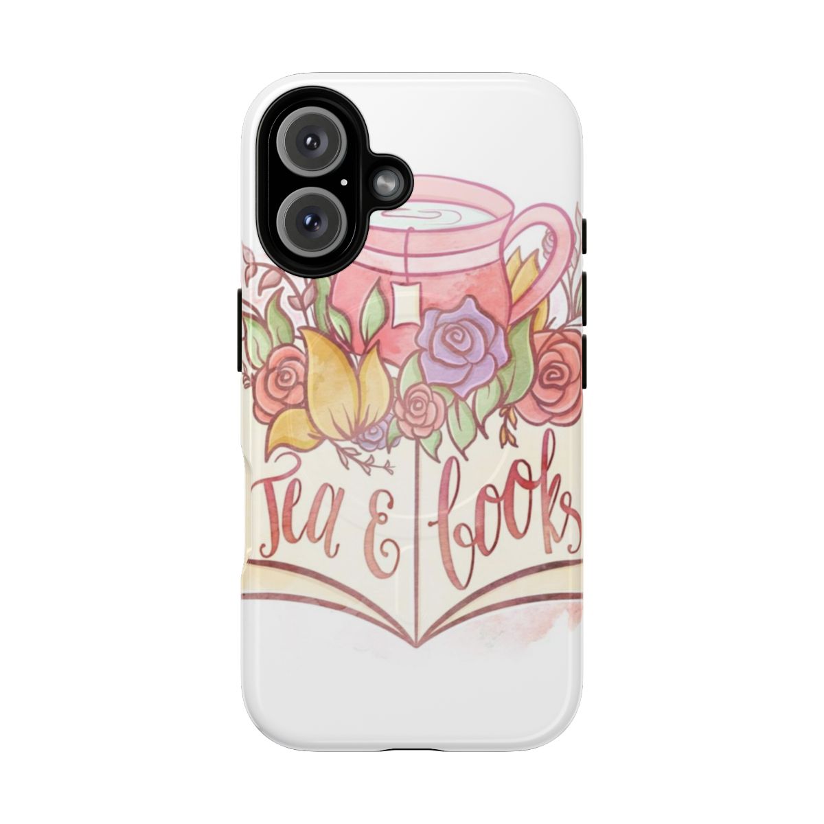 Magnetic tough phone case with a watercolor floral and typography design featuring the words "Tea & Books"