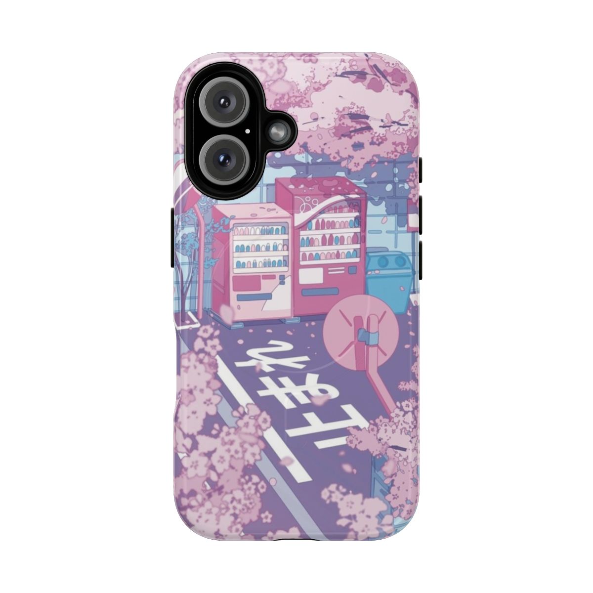 A pastel-colored phone case featuring a beautiful Japanese street scene with a pink sakura tree in bloom.