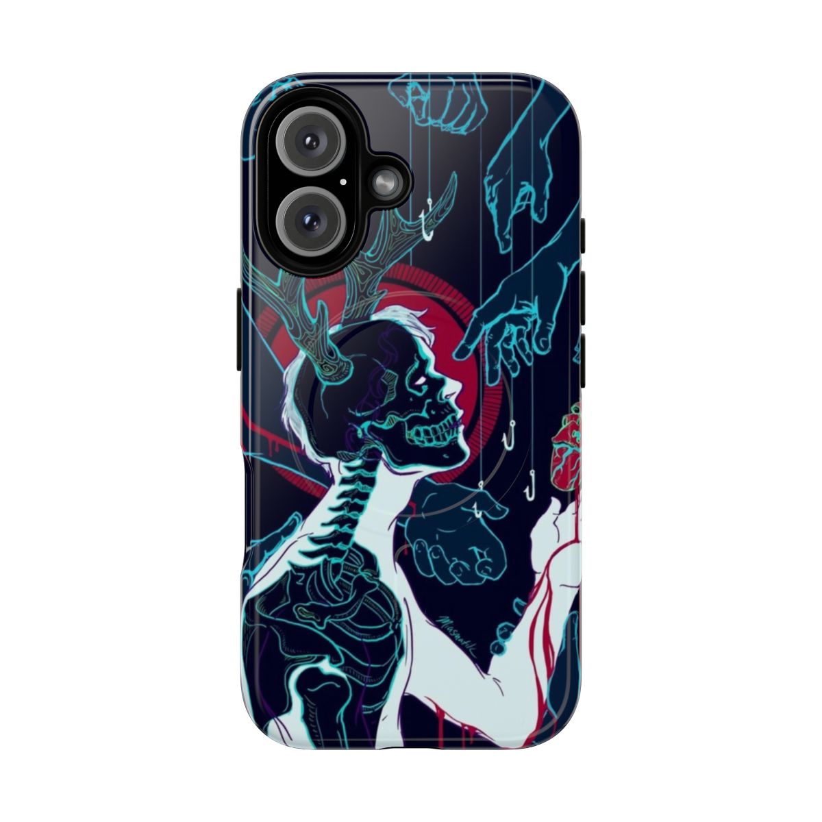 Spooky skeleton horror-themed phone case with digital illustration inspired by Hannibal Lecter and Will Graham