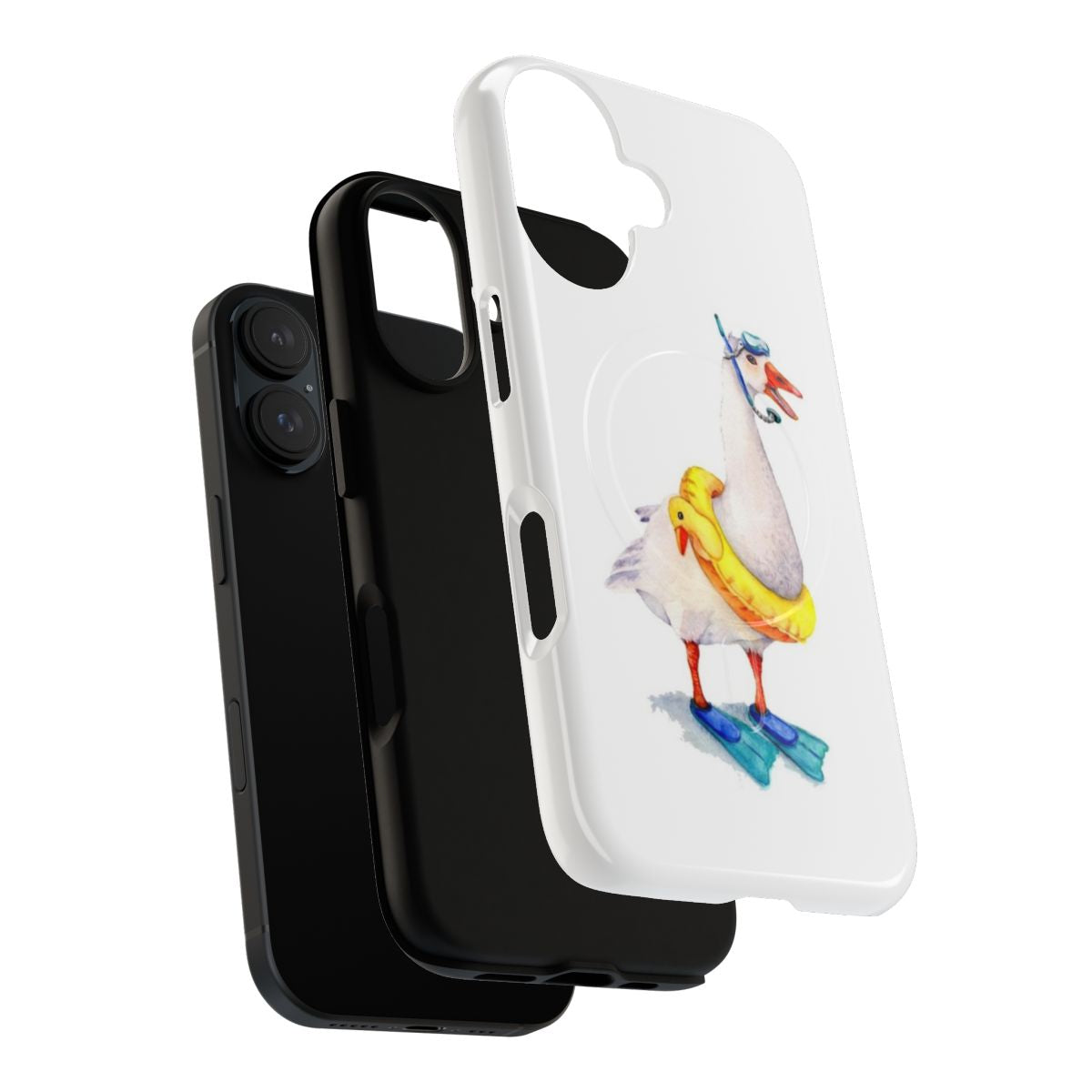 Illustrated white goose wearing a snorkeling mask on a phone case - Layers