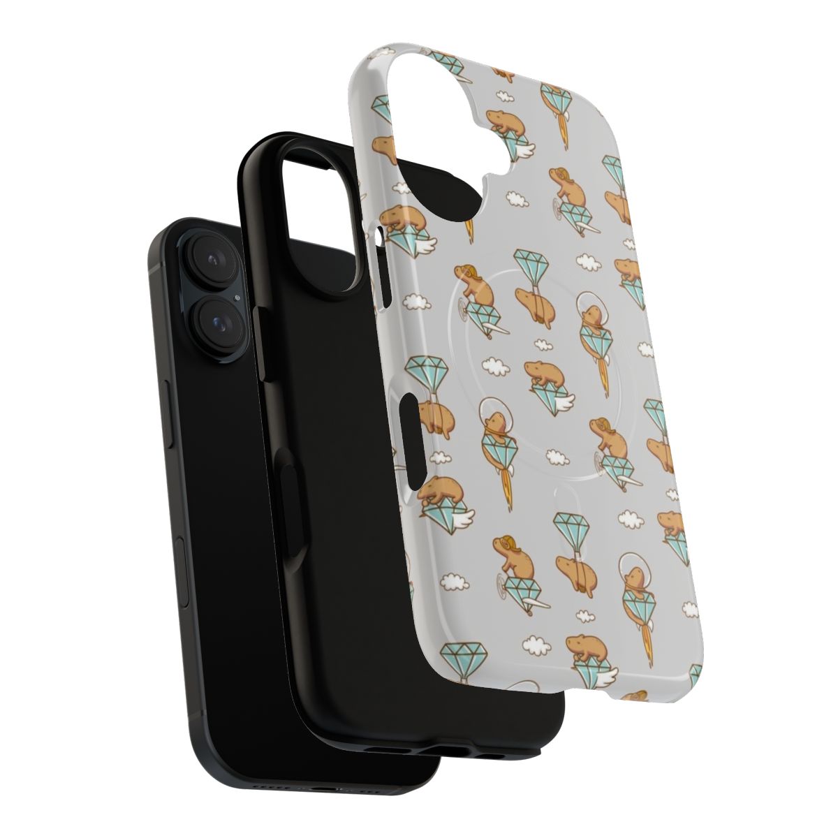 A magnetic phone case featuring a cute capybara flying in the sky with diamonds and clouds. - Layers