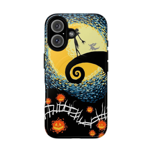 Minimalist phone case with a starry night, jack skellington, and other nightmare before christmas inspired design elements