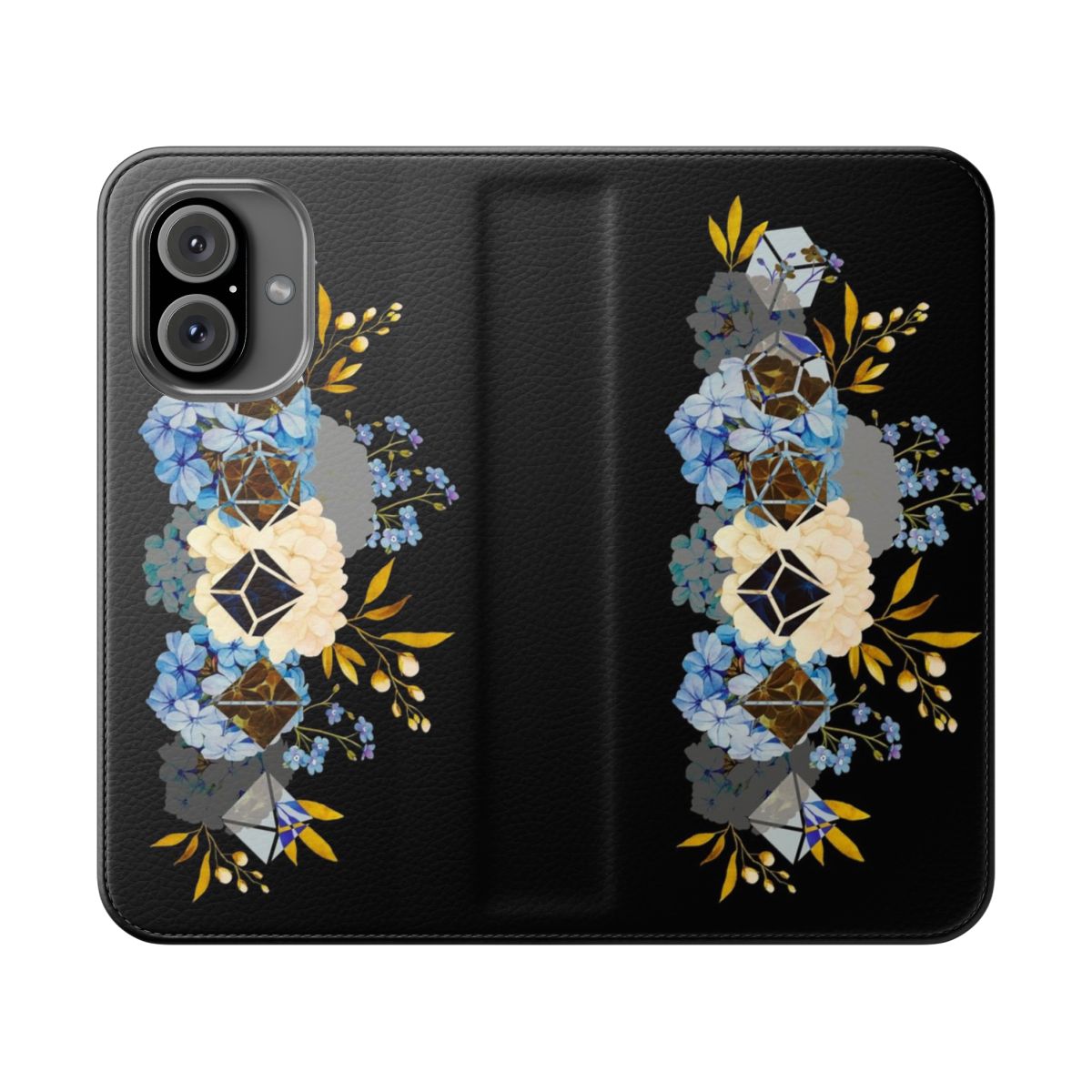 Blue and purple hydrangea flowers with dice, on a flip cover phone case