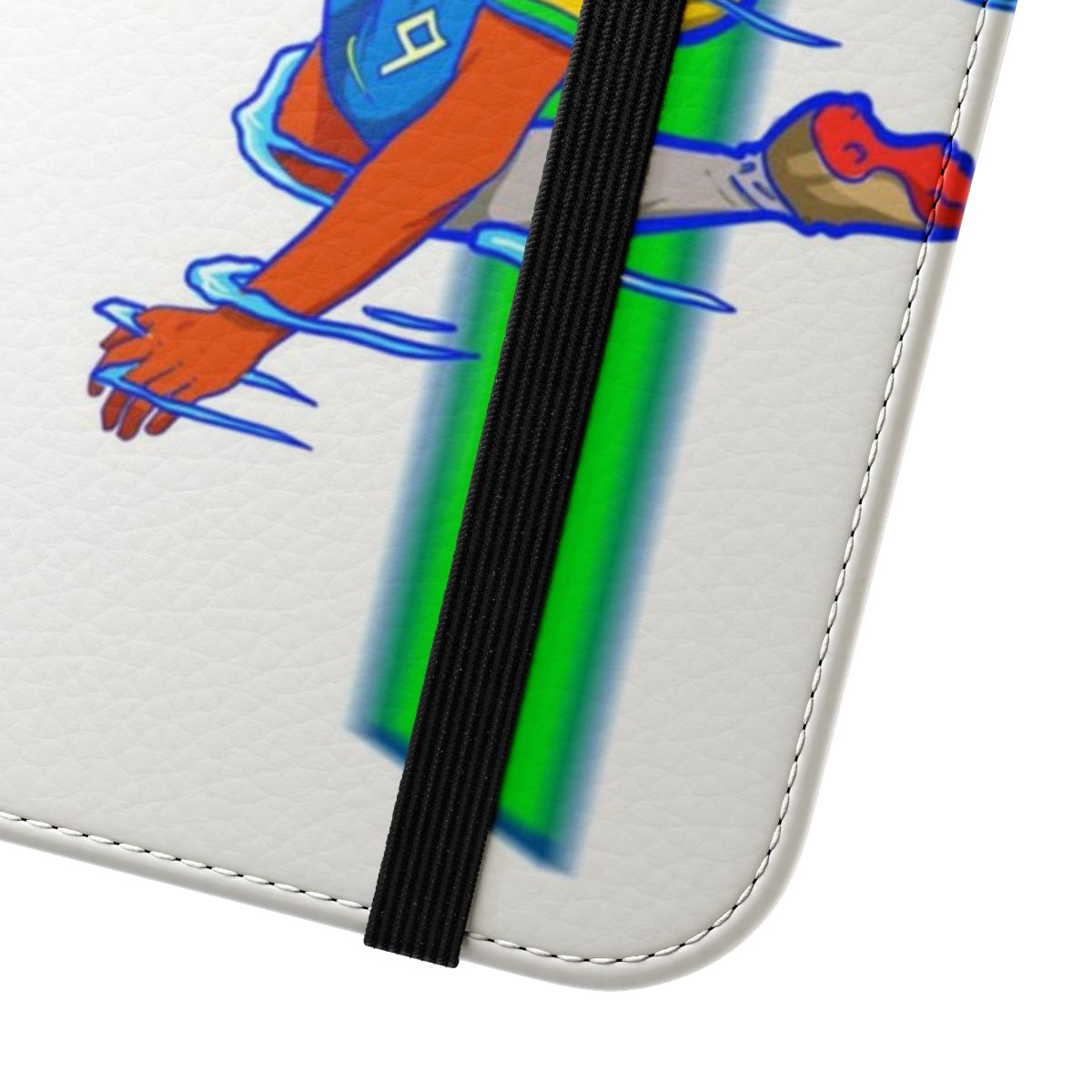 Colorful and modern flip phone case design with neon soccer/futbol graphics - Close Up