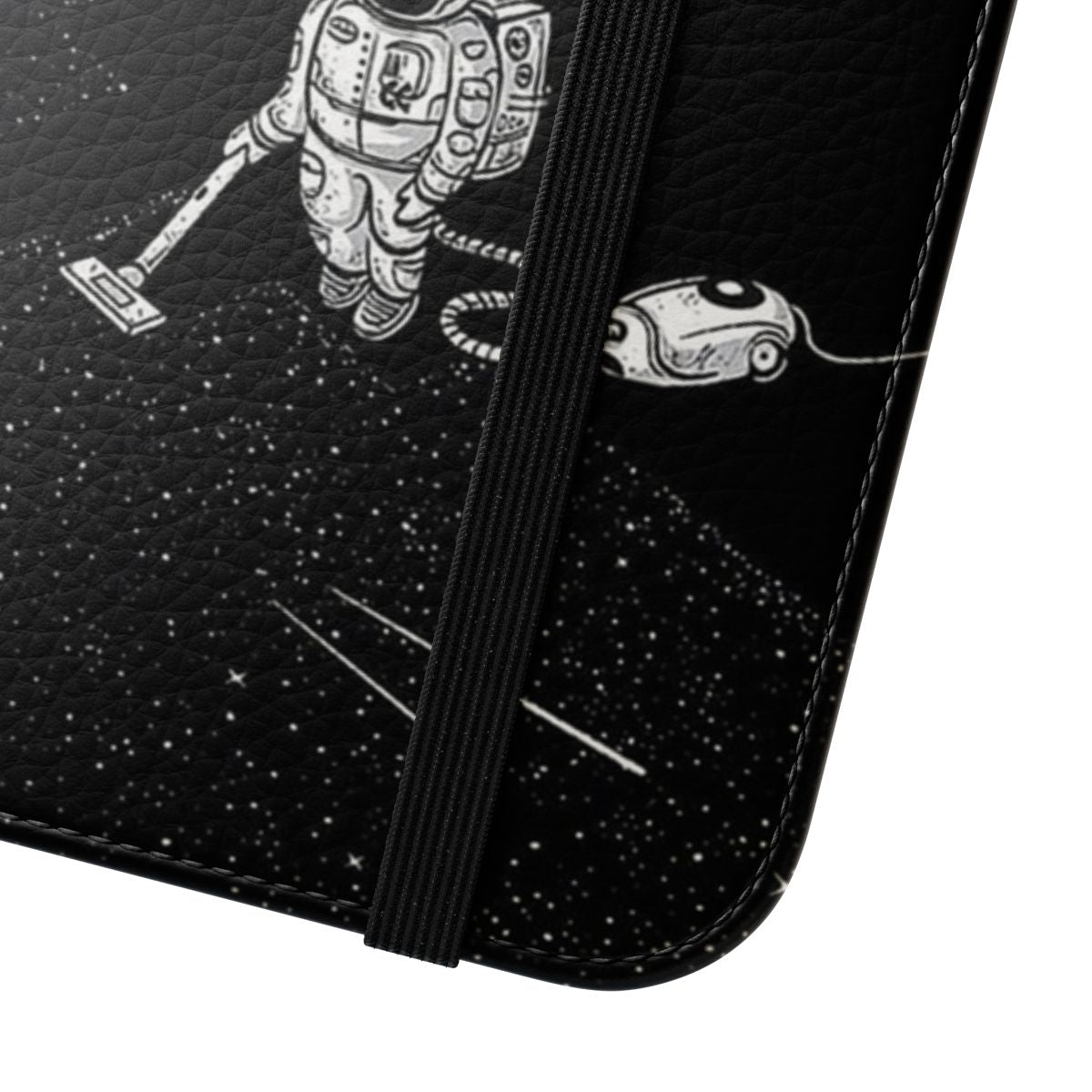 Astronaut vacuuming in space on a black and white flip phone case with stars and planets - Close Up