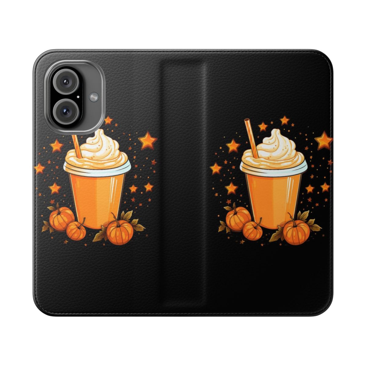 Pumpkin spice-themed flip cover phone case with pumpkin, cinnamon, and fall elements