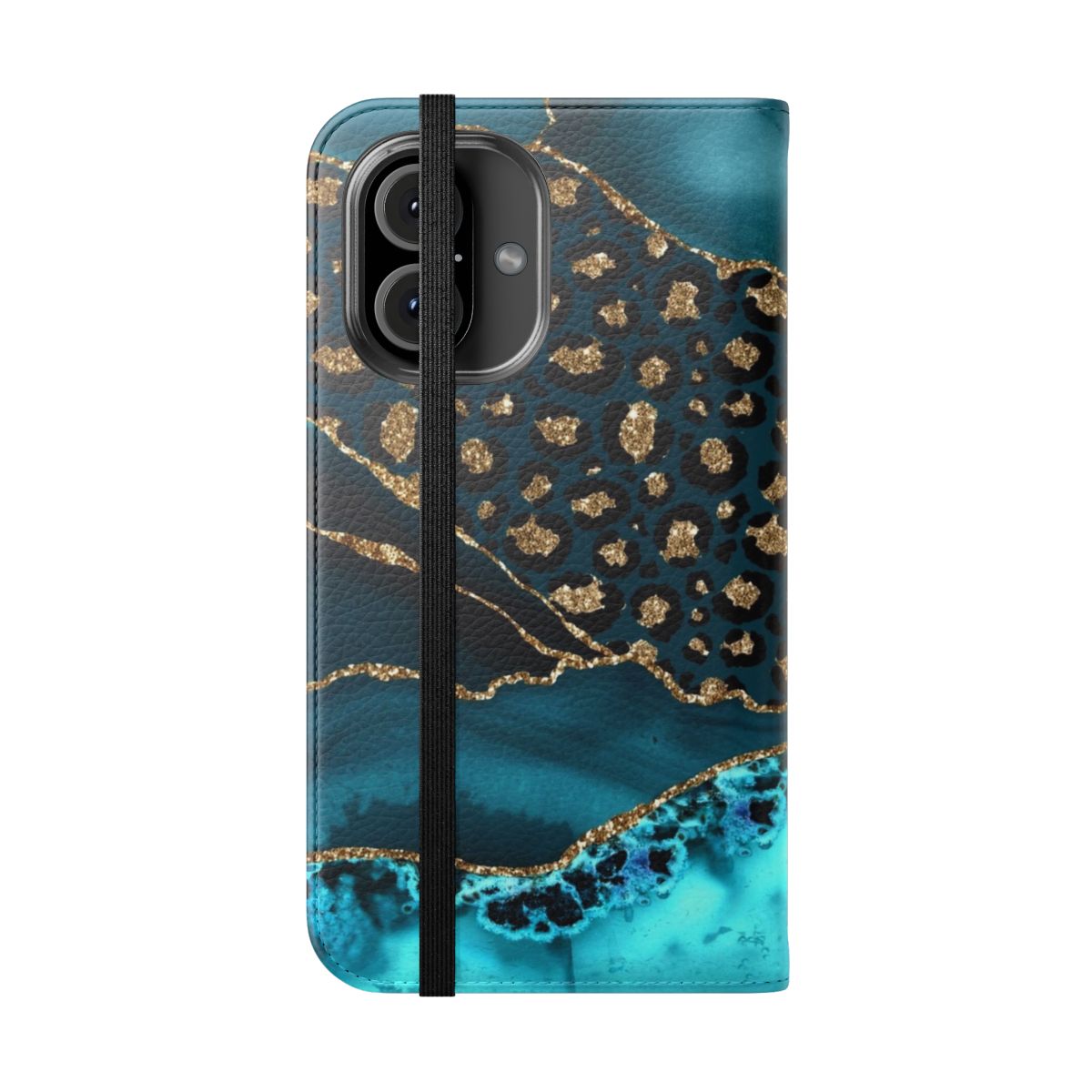 Teal and gold leopard agate inspired flip phone case - Folded Front