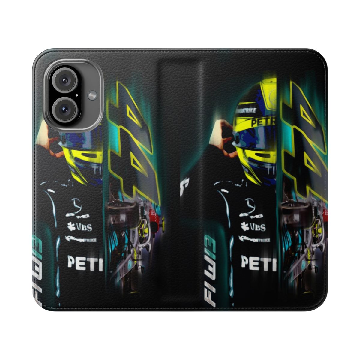 A stylish phone case featuring an artistic design inspired by the 2022 Formula 1 season and Lewis Hamilton's iconic helmet.