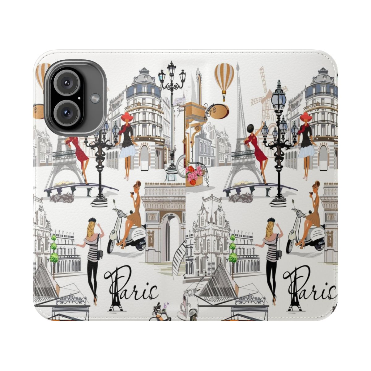 Parisian-Inspired Flip Cover Phone Case featuring the Eiffel Tower, flowers, and chic fashion elements.