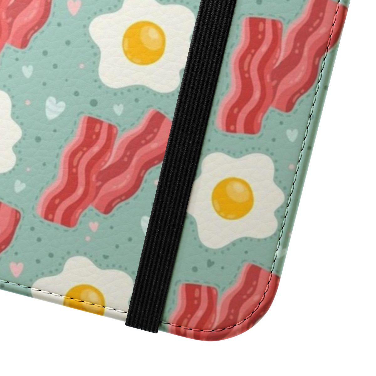 A colorful flip cover phone case featuring a design of scrambled eggs and crispy bacon. - Close Up