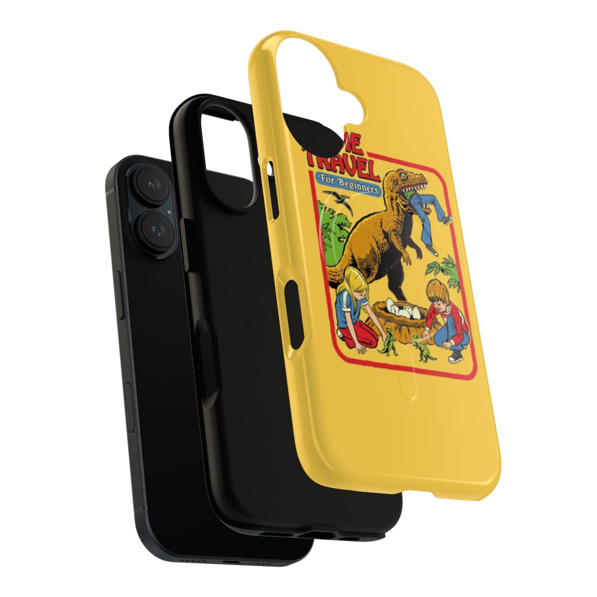 Retro-style phone case with a time travel and dinosaur theme - Layers