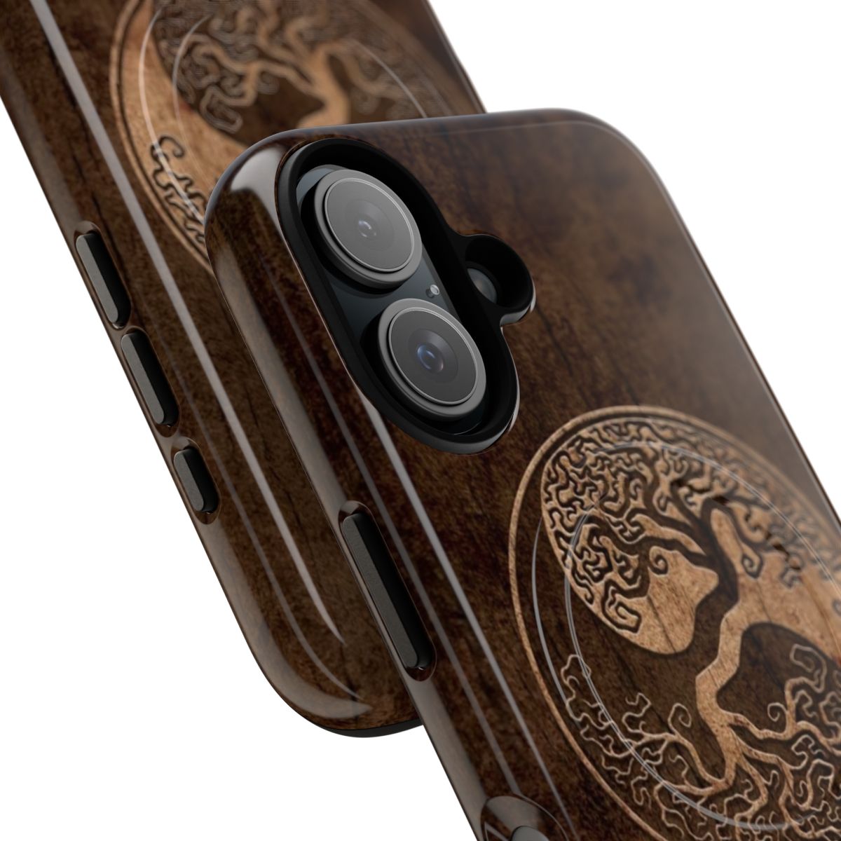 Rustic wood grain phone case with yin yang tree of life design - Detail