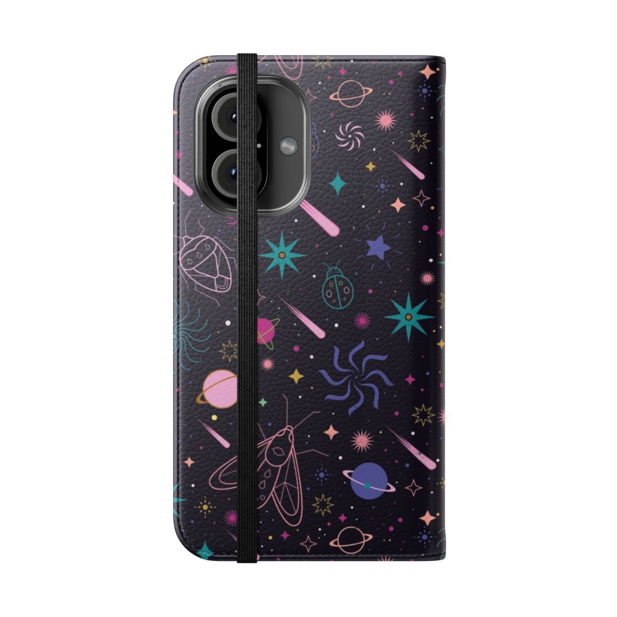 A close-up image of a decorative phone case featuring a galaxy and insect pattern design - Folded Front