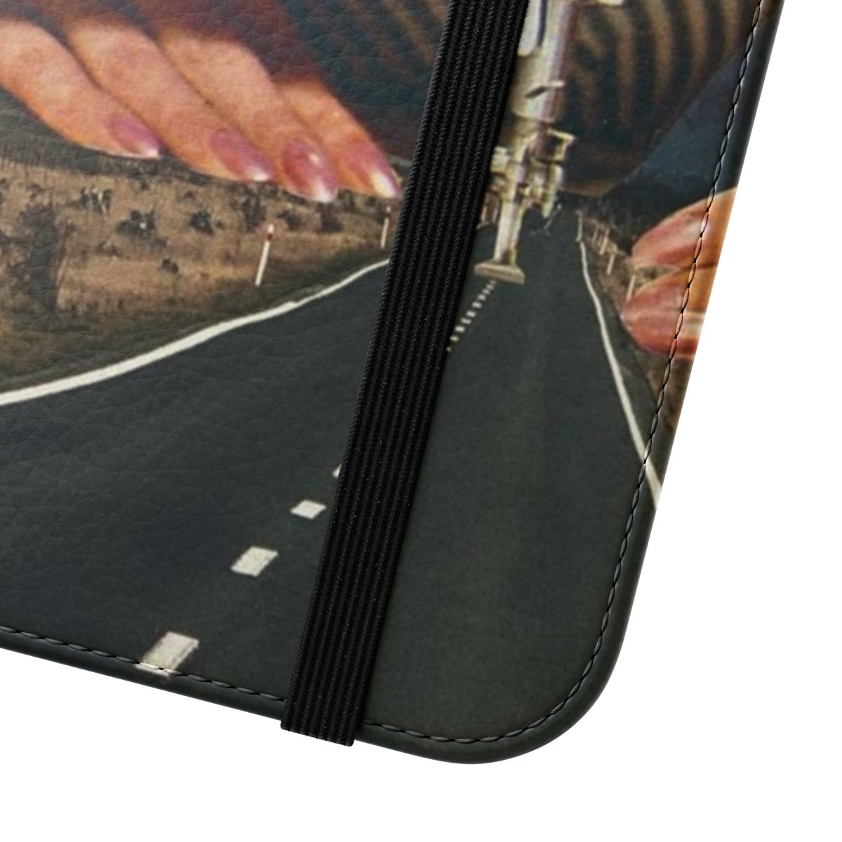 Surreal collage phone case featuring a sewing machine, road, and cosmic elements. - Close Up