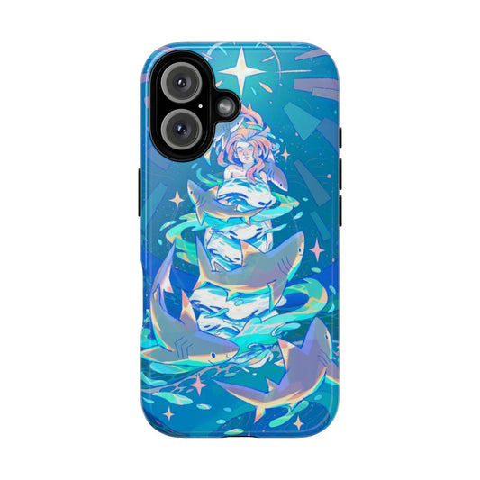 Magnetic tough phone case with a shark and cosmic design for women