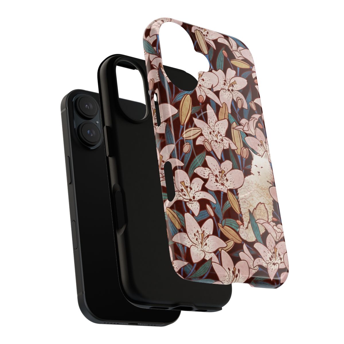 A vibrant and elegant phone case featuring a pastel floral design with a cat, perfect for nature and pet lovers. - Layers