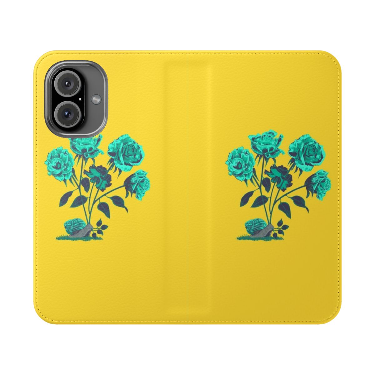 A stylish and nature-inspired phone case featuring a graphic design of snails and roses in a lush, botanical arrangement.