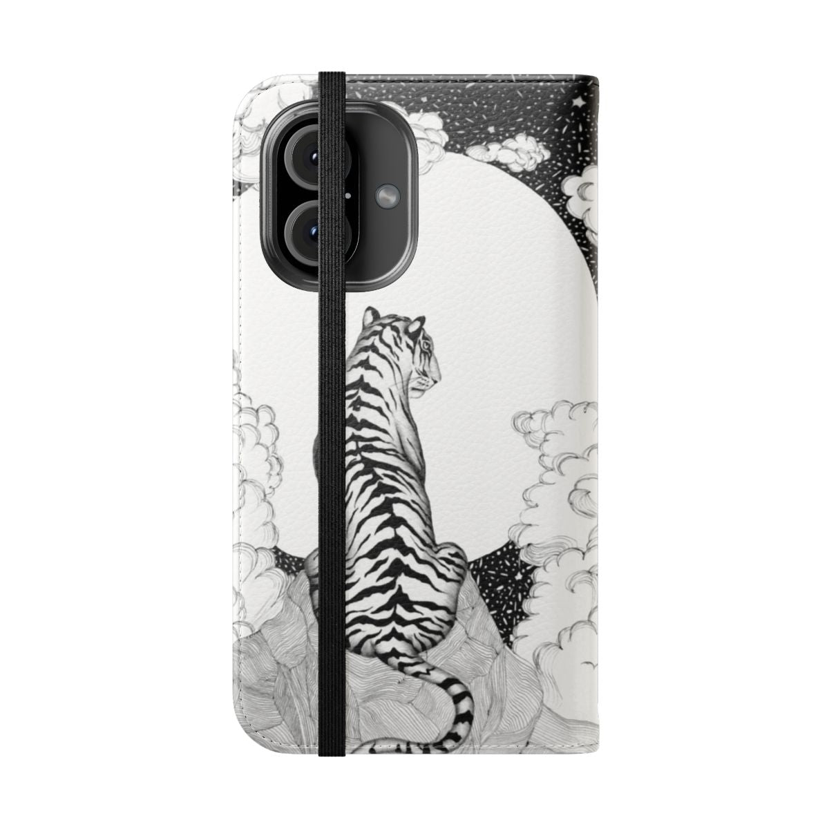 A striking black and white ink drawing of a tiger and moon on a flip cover phone case - Folded Front