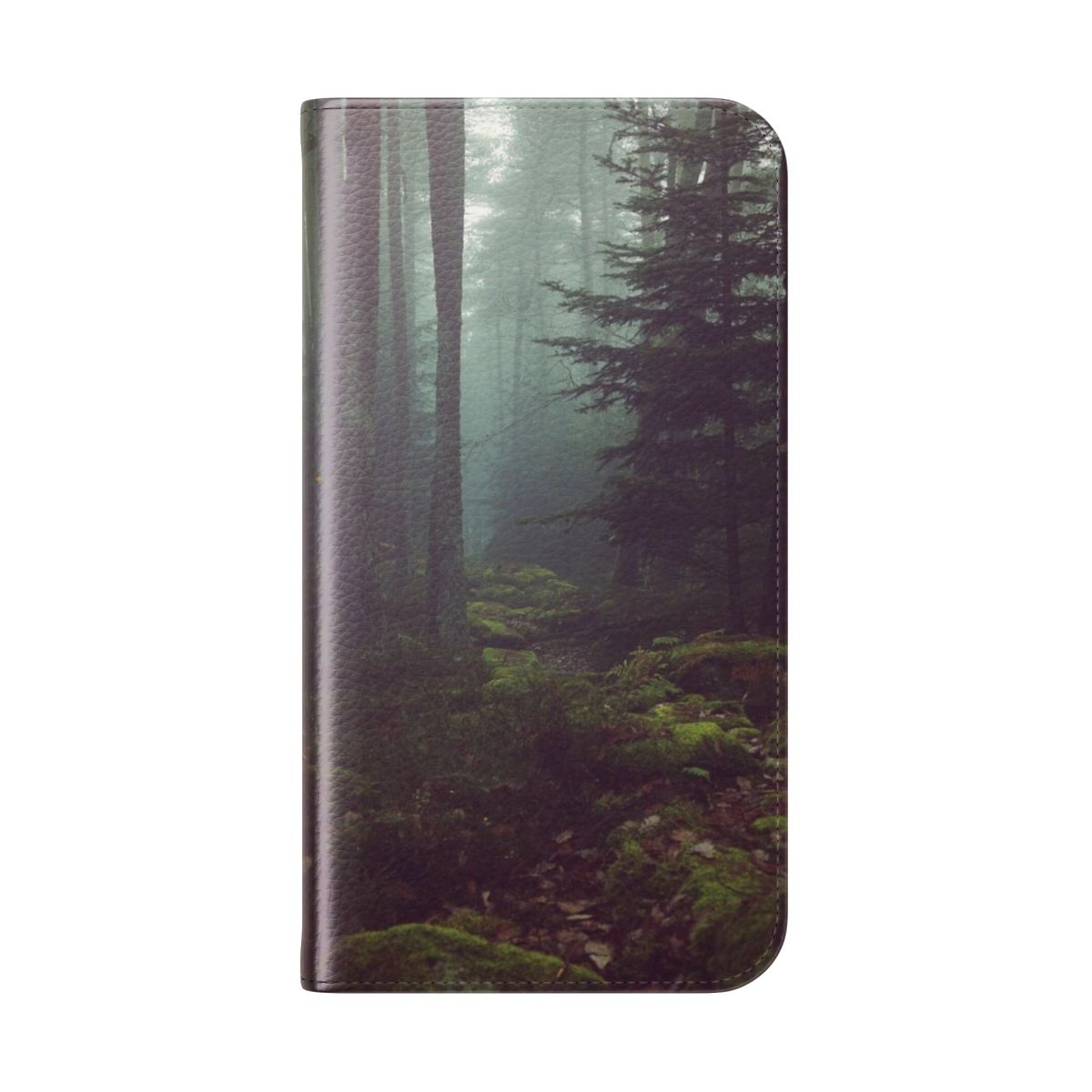 A beautiful flip cover phone case featuring a serene forest night landscape. - Folded Back