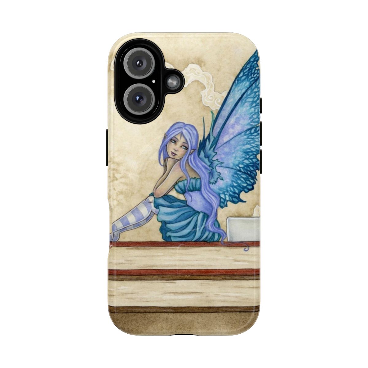 Muse fantasy-inspired magnetic phone case with fairy, book, and quill design