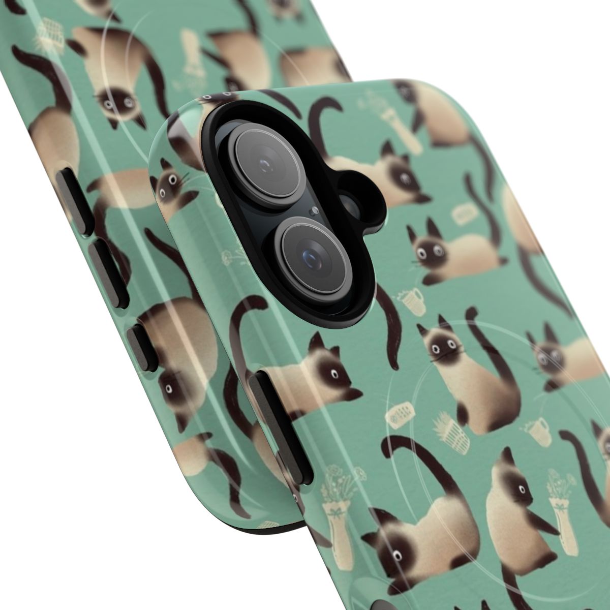 Vibrant turquoise and white Siamese cat pattern on a tough, magnetic phone case. - Detail