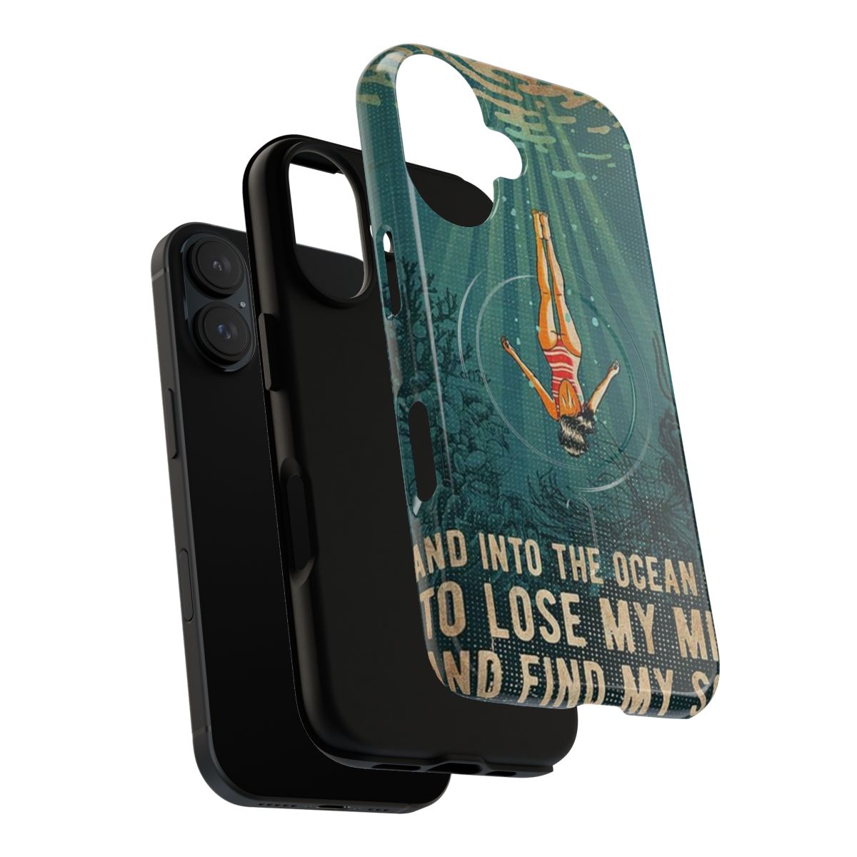 A magnetic phone case featuring a scenic ocean landscape with a girl in a swimsuit. - Layers