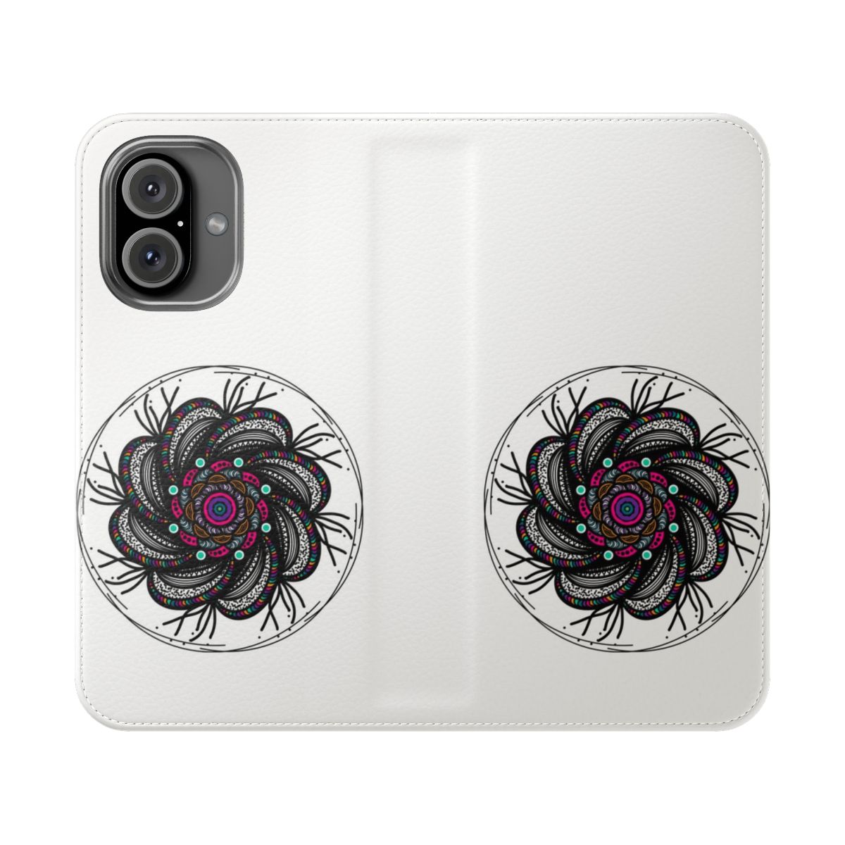 Colorful psychedelic, cosmic, hand-drawn design on a flip phone case