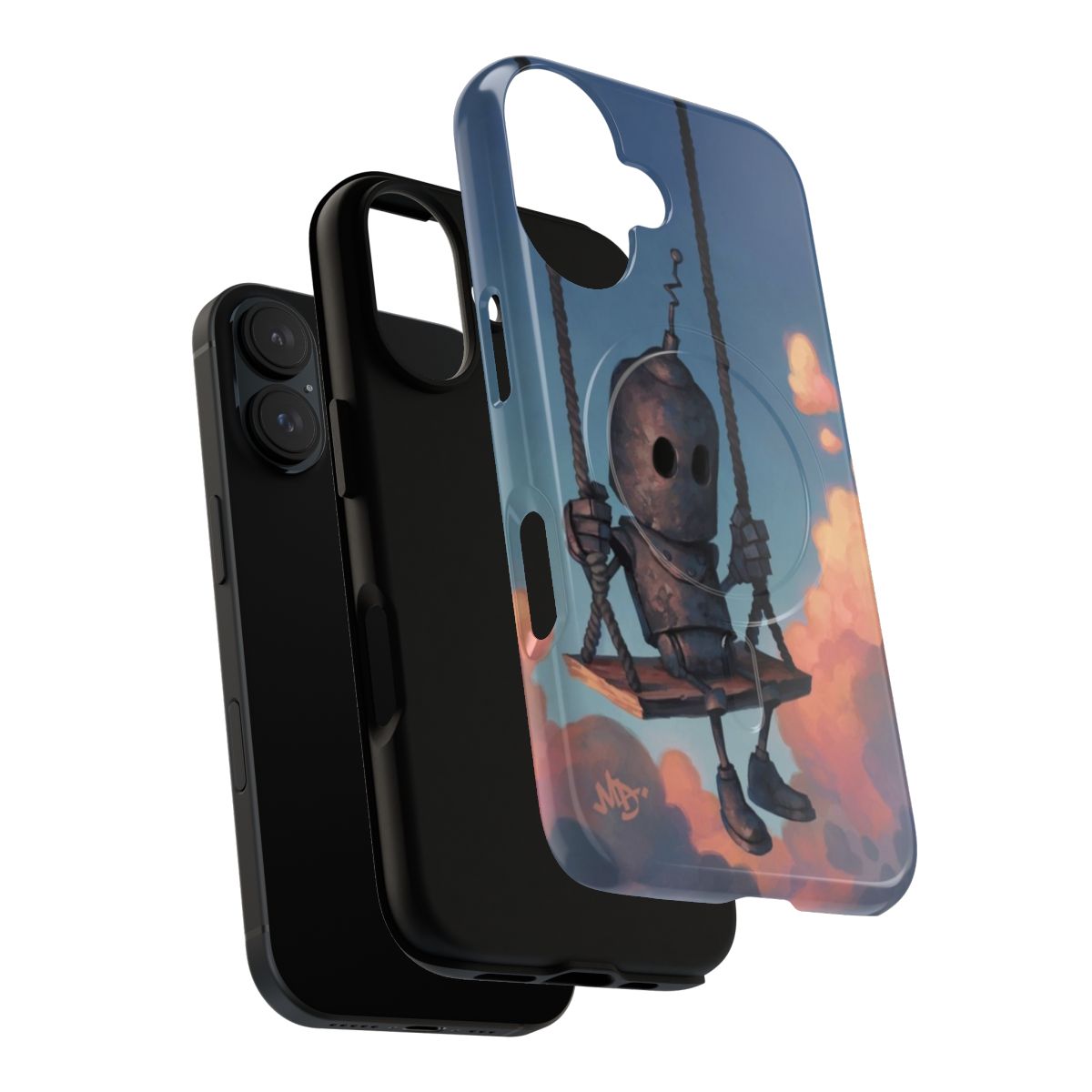 A magnetic phone case featuring a robot and weather-themed design. - Layers