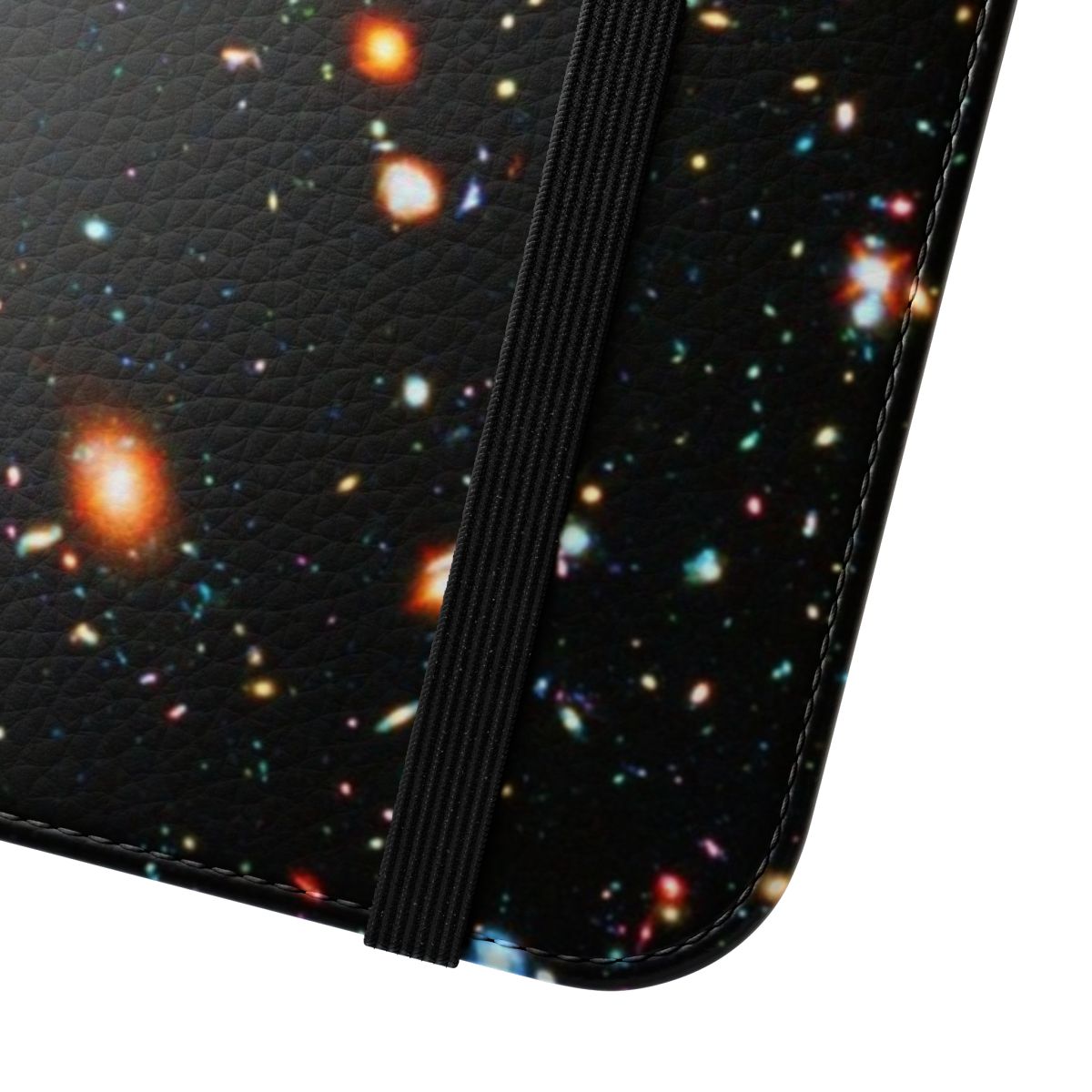 A flip phone case featuring the Hubble Extreme Deep Field image, showcasing the vast expanse of the universe and its countless galaxies. - Close Up