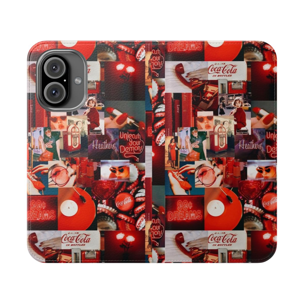 Vintage red aesthetic collage design on a flip phone case