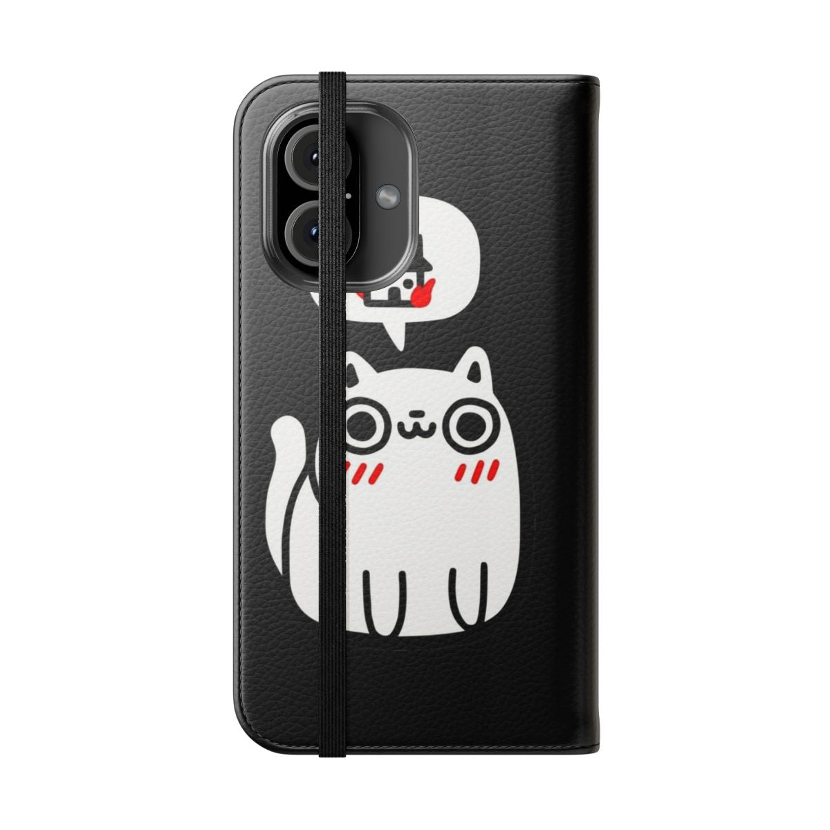 A flip cover phone case featuring a playful cat causing chaos and destruction - Folded Front