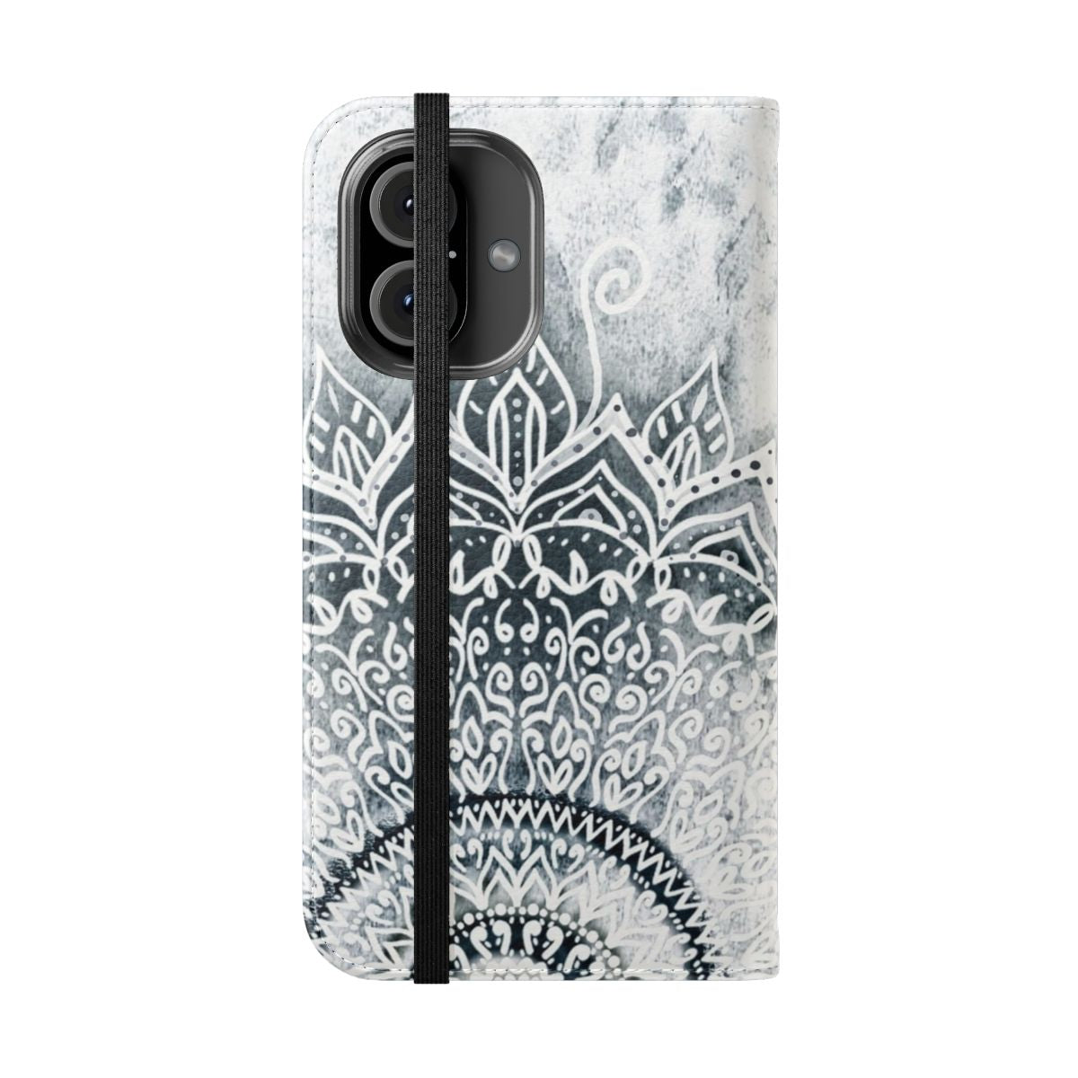 Mandala phone case with a stylish black and white bohemian pattern - Folded Front