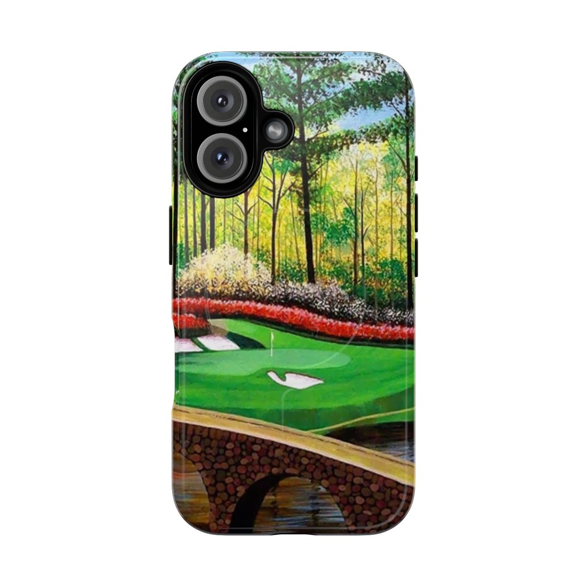 Vibrant image of the 12th hole at Augusta National Golf Course featured on a magnetic and tough phone case