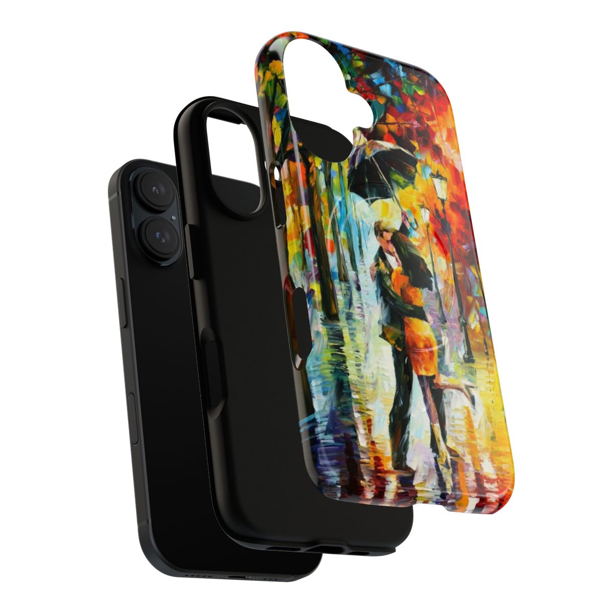 Leonid Afremov inspired magnetic tough phone case featuring a vibrant oil painting of people dancing under the rain in a city street. - Layers