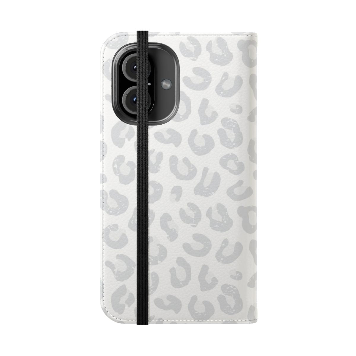 Leopard print flip cover phone case in silver gray and white - Folded Front