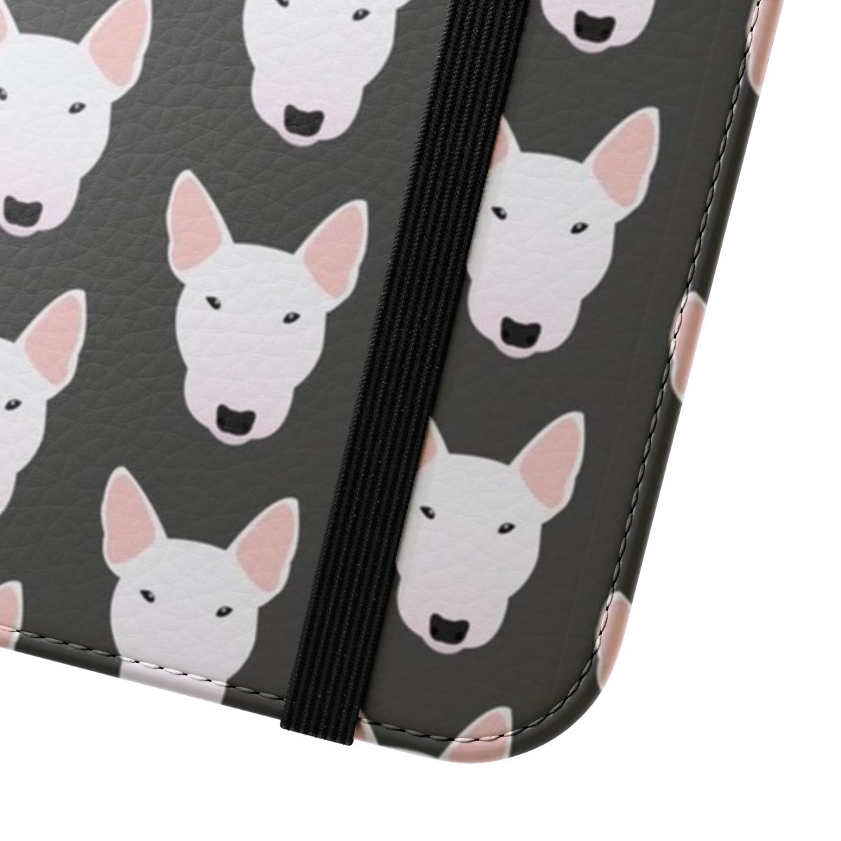 Image of a white miniature bull terrier on a flip cover phone case - Close Up