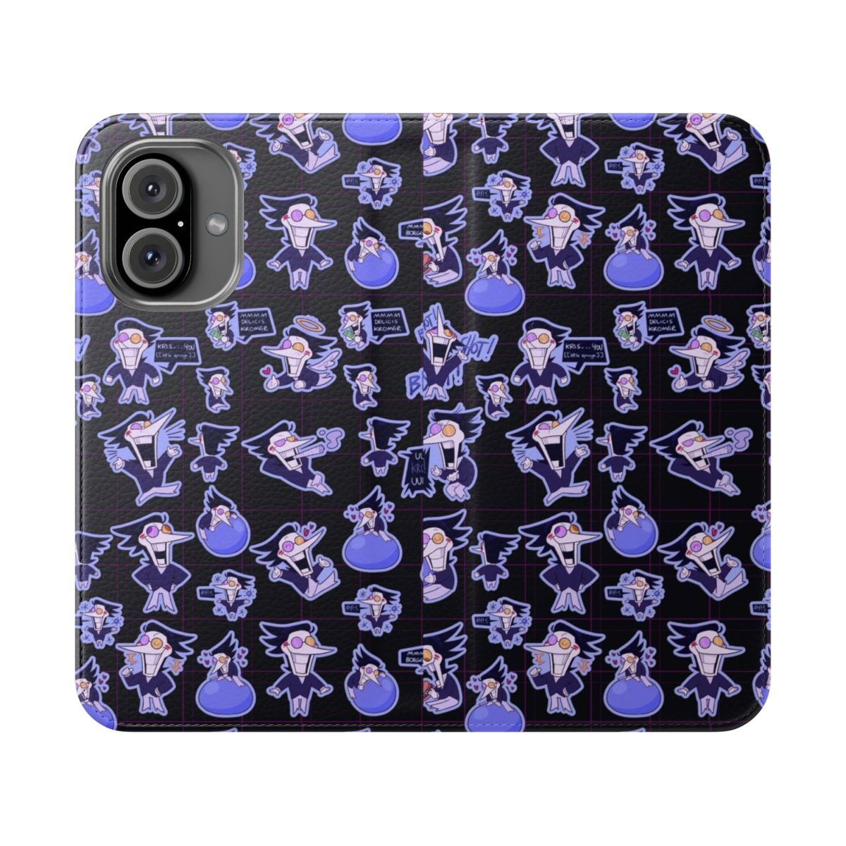 Spamton-themed flip cover phone case with Deltarune and Undertale inspiration