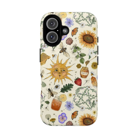 Cream-colored phone case with a litha pattern featuring a pentacle, sunflowers, and butterflies