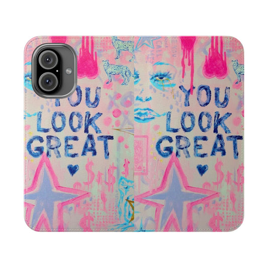 Preppy collage flip phone case with pink hearts and "You Look Great" text