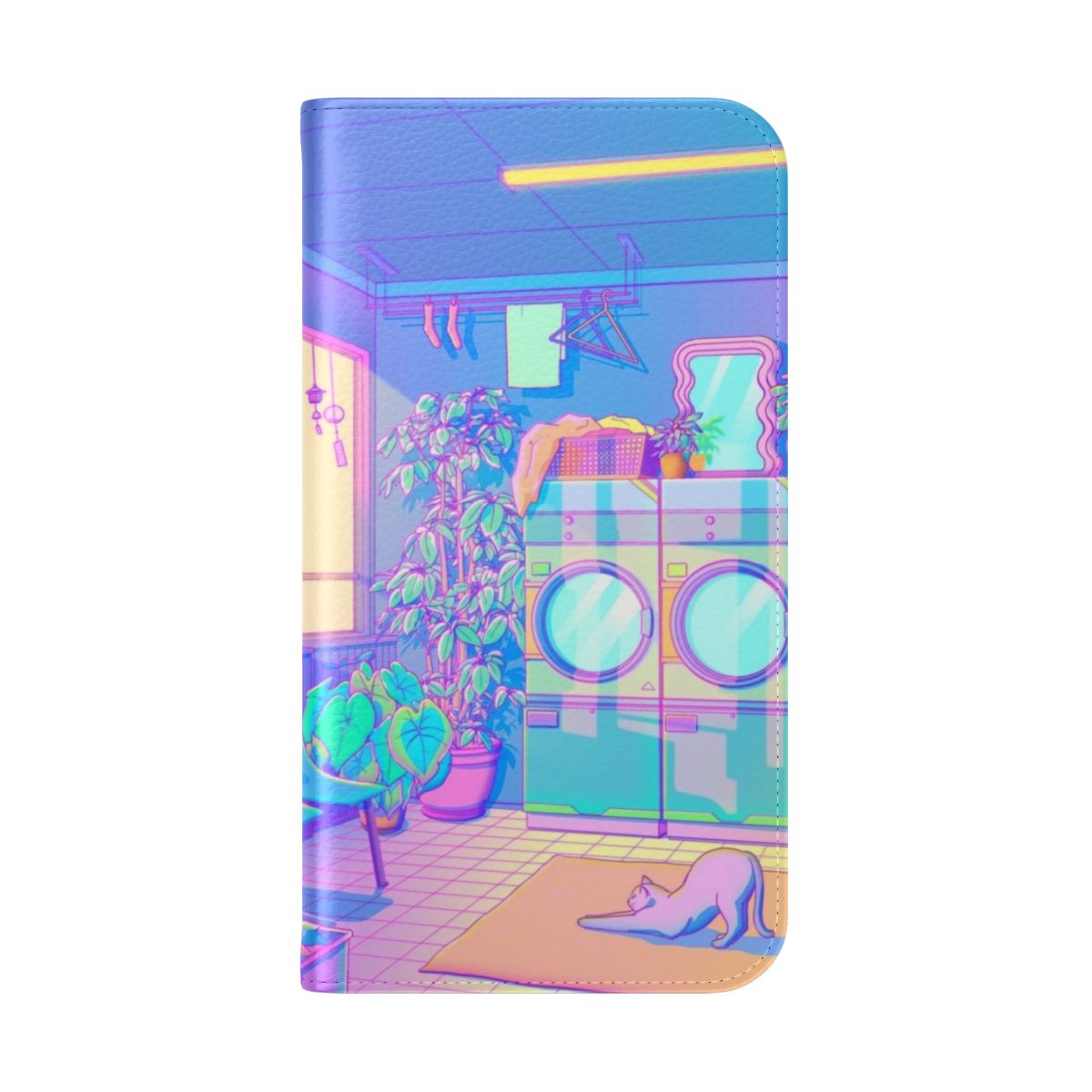 A blue and pastel-toned flip cover phone case featuring a cat and cityscape design, perfect for fans of Japanese pop culture and kawaii aesthetics. - Folded Back