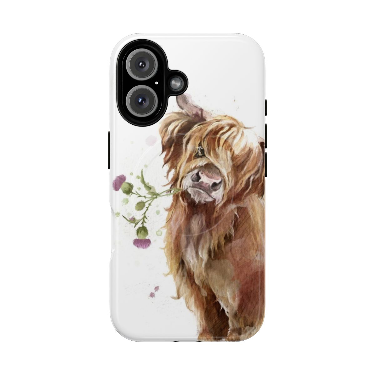 Artistic watercolor highland cow design on a durable magnetic phone case