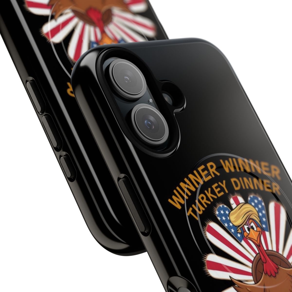 Magnetic phone case with "Trump Vance Winner Winner Turkey Dinner" design, a humorous political gift for Thanksgiving. - Detail