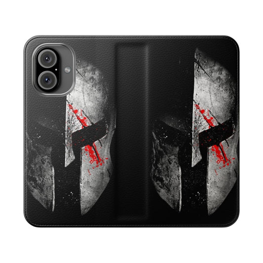 Image of a grungy, dark phone case with a spartan warrior helmet design