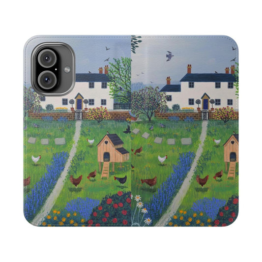 Closeup of a rustic chicken art phone case with a cottage and garden scene