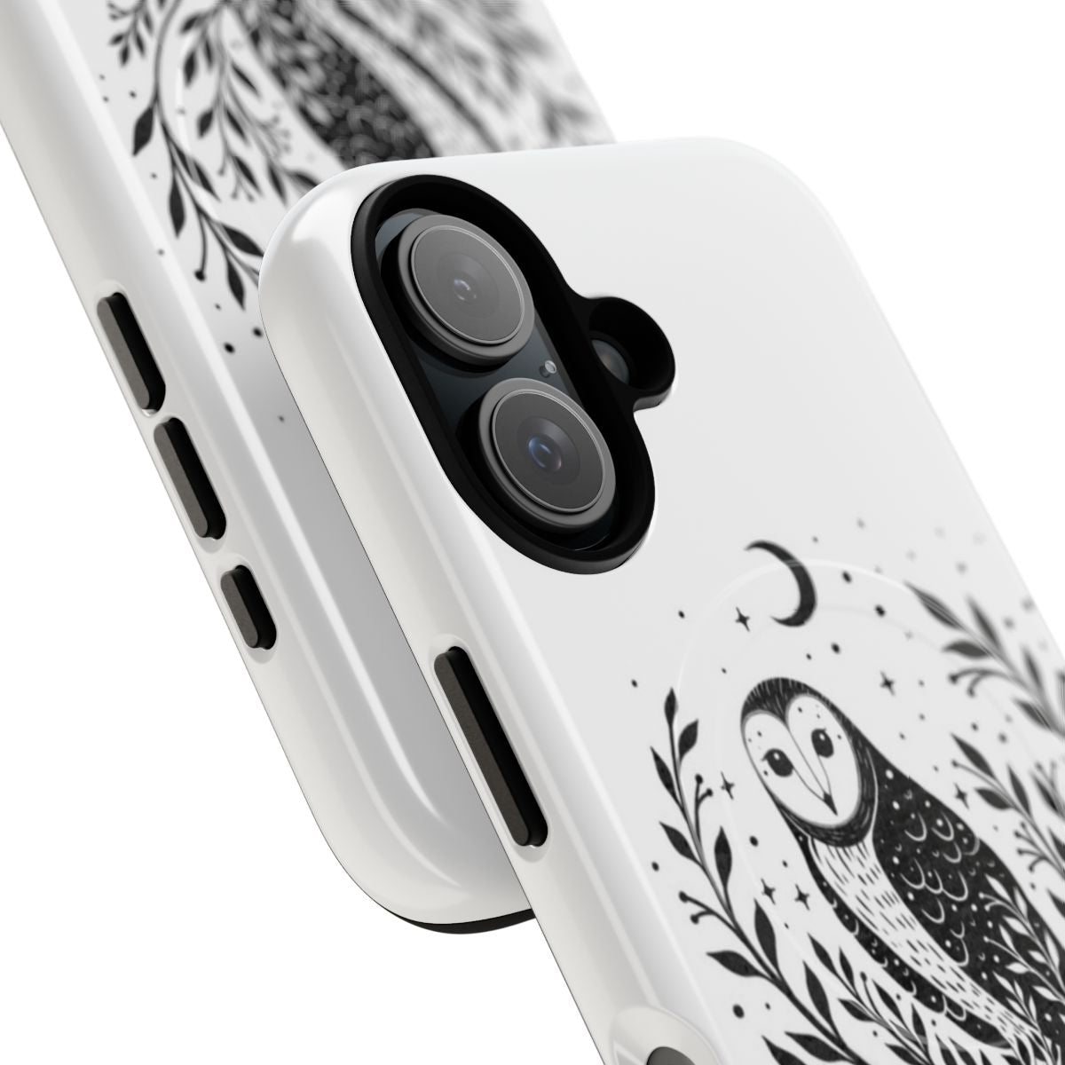 Stylish black and white phone case featuring an enchanting owl design against a moonlit backdrop. - Detail