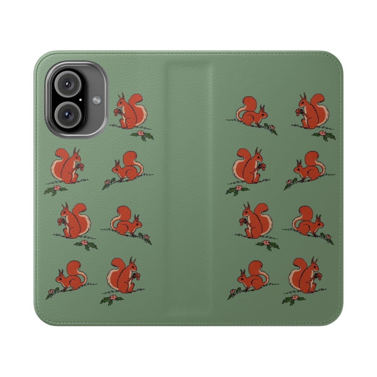 Flip cover phone case with an adorable squirrel design in a whimsical woodland setting