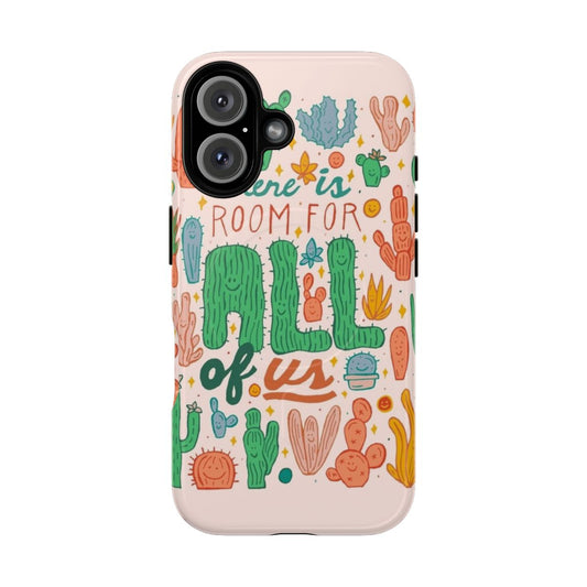 Vibrant phone case with a desert-themed botanical design featuring cacti, succulents, and other desert plants.