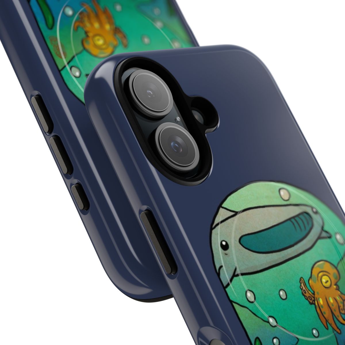 Vibrant illustration of a frog, octopus, and whale shark in an aquarium scene on a magnetic phone case. - Detail